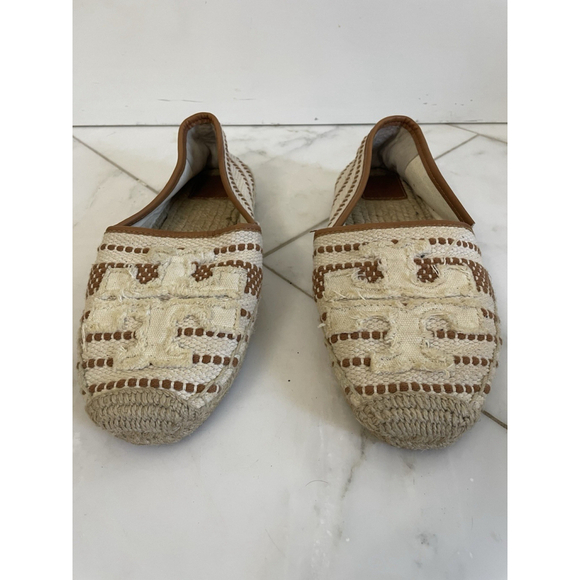 Tory Burch Shaw Flat Espadrille Sandals Slip On Logo Beige US Size 8 Women - Picture 9 of 15